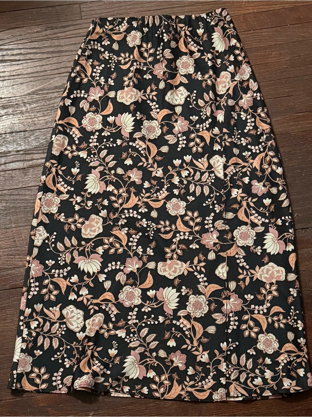Francesca's Collections Black Midi Skirt with Pink and Cream Floral Print
